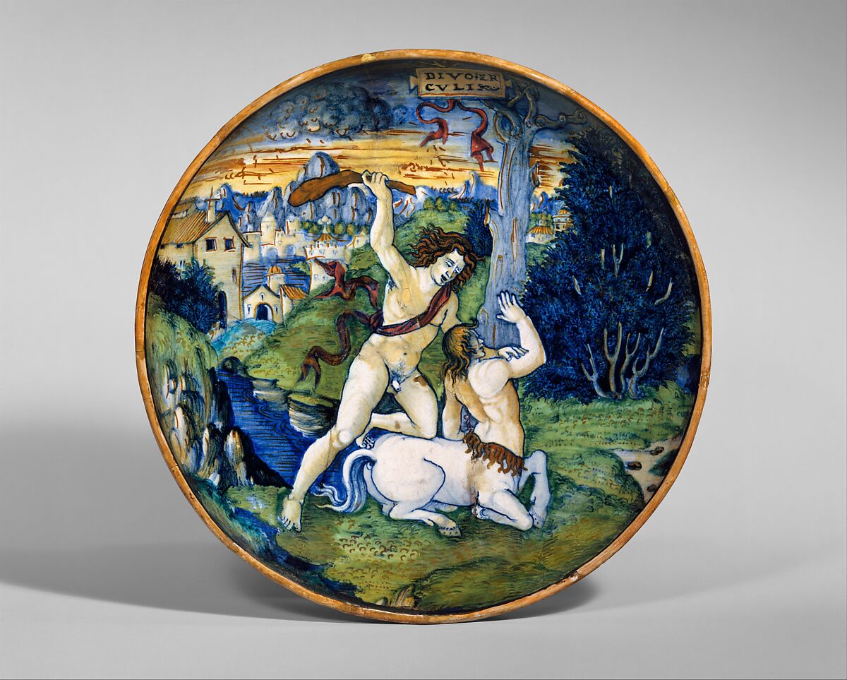 Dish (coppa): Hercules slays the centaur Nessus, workshop of Maestro Giorgio Andreoli (Italian (Gubbio), active first half of 16th century), Maiolica (tin-glazed earthenware) 