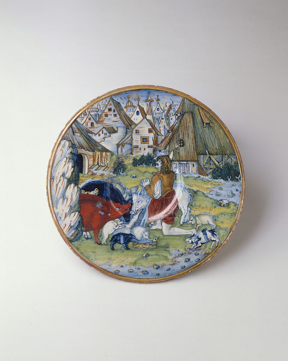 Plate (piatto): The Prodigal Son among the swine, workshop of Maestro Giorgio Andreoli (Italian (Gubbio), active first half of 16th century), Maiolica (tin-glazed earthenware) 
