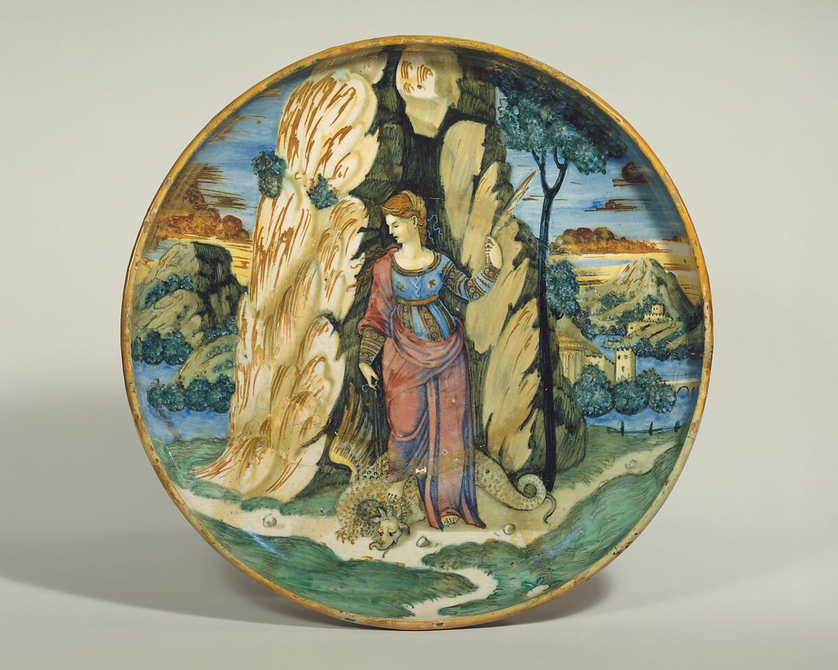 Dish (coppa): Saint Margaret, workshop of Maestro Giorgio Andreoli (Italian (Gubbio), active first half of 16th century), Maiolica (tin-glazed earthenware) 