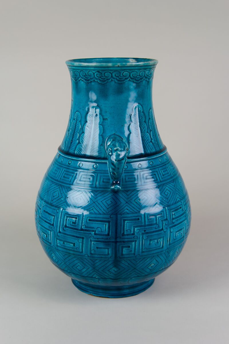 Vase with archaistic design, Porcelain with low relief decoration under turqoise glaze (Jingdezhen ware), China