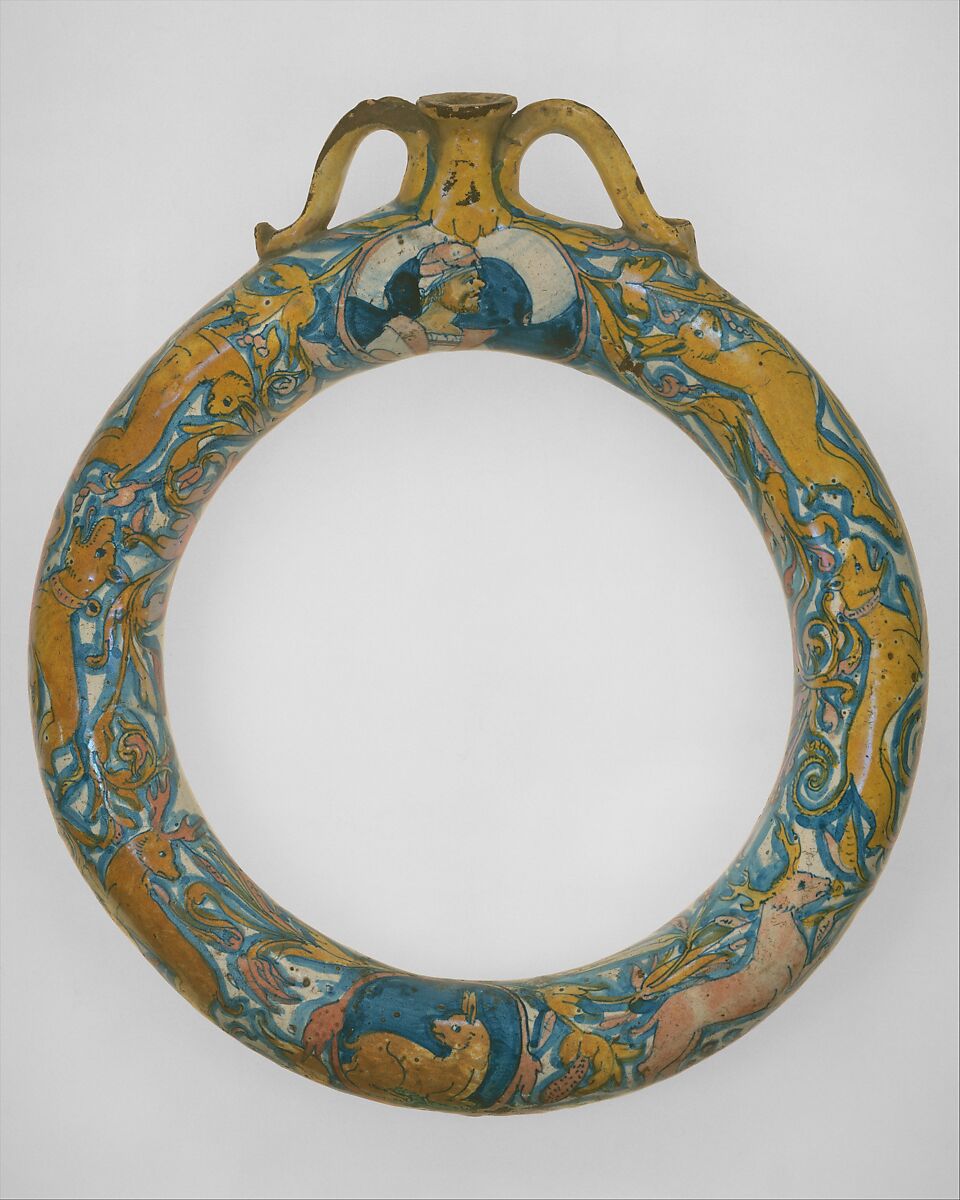 Ring flask (fiasca d'anello), Maiolica (tin-glazed earthenware), Italian, probably Gubbio 