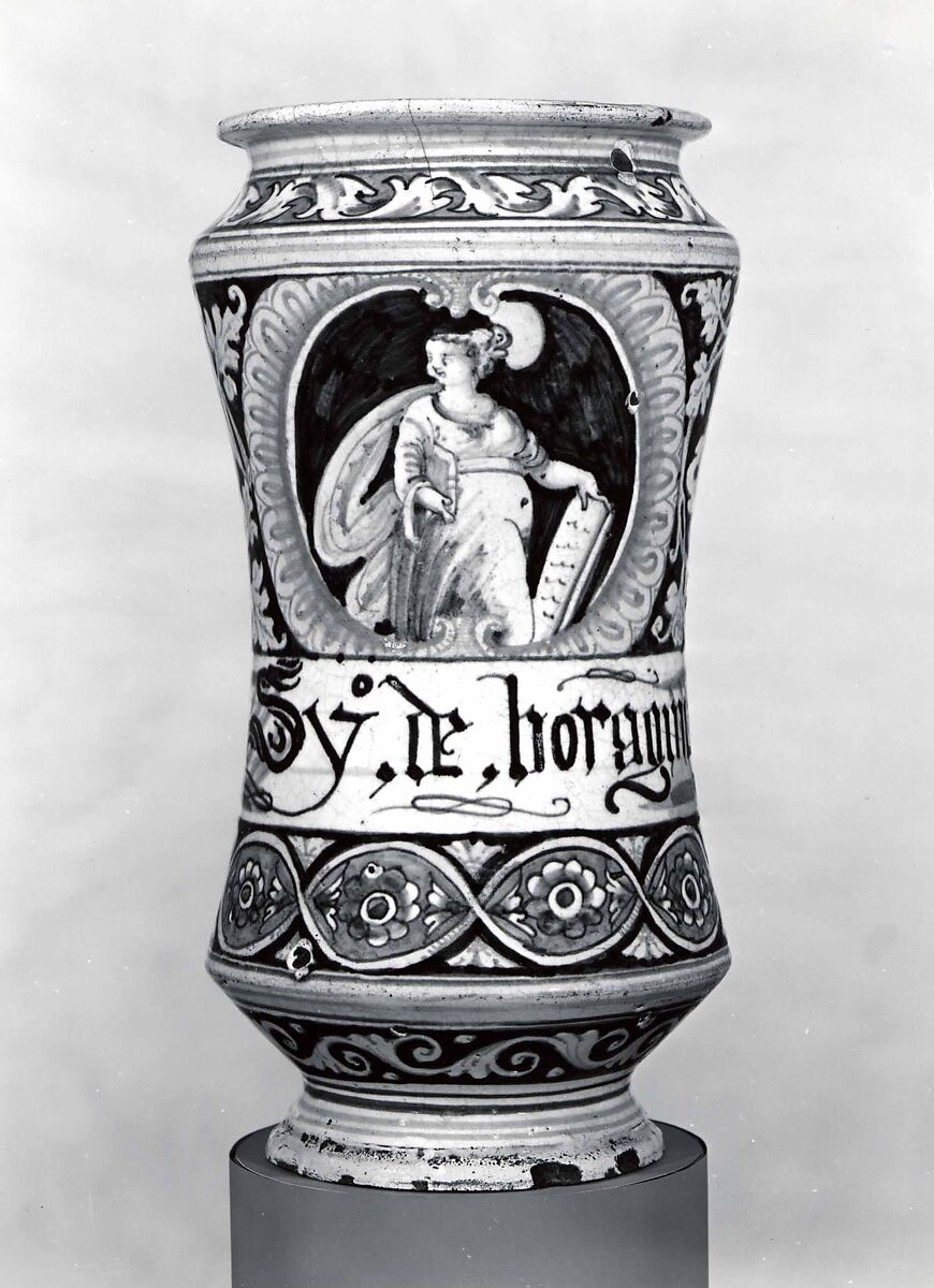 Apothecary jar (albarello), Maiolica (tin-glazed earthenware), Italian, probably Faenza (or Palermo)