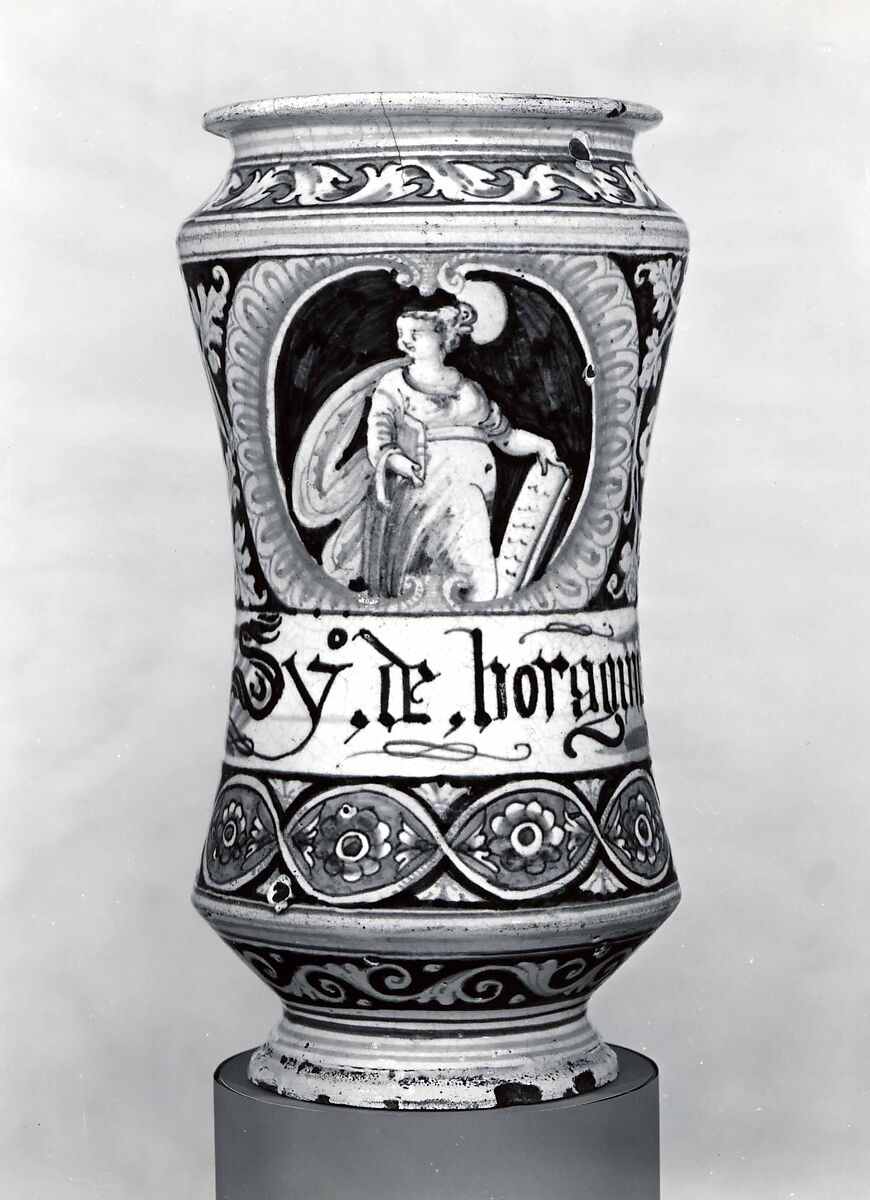 Apothecary jar (albarello), Maiolica (tin-glazed earthenware), Italian, probably Faenza (or Palermo) 