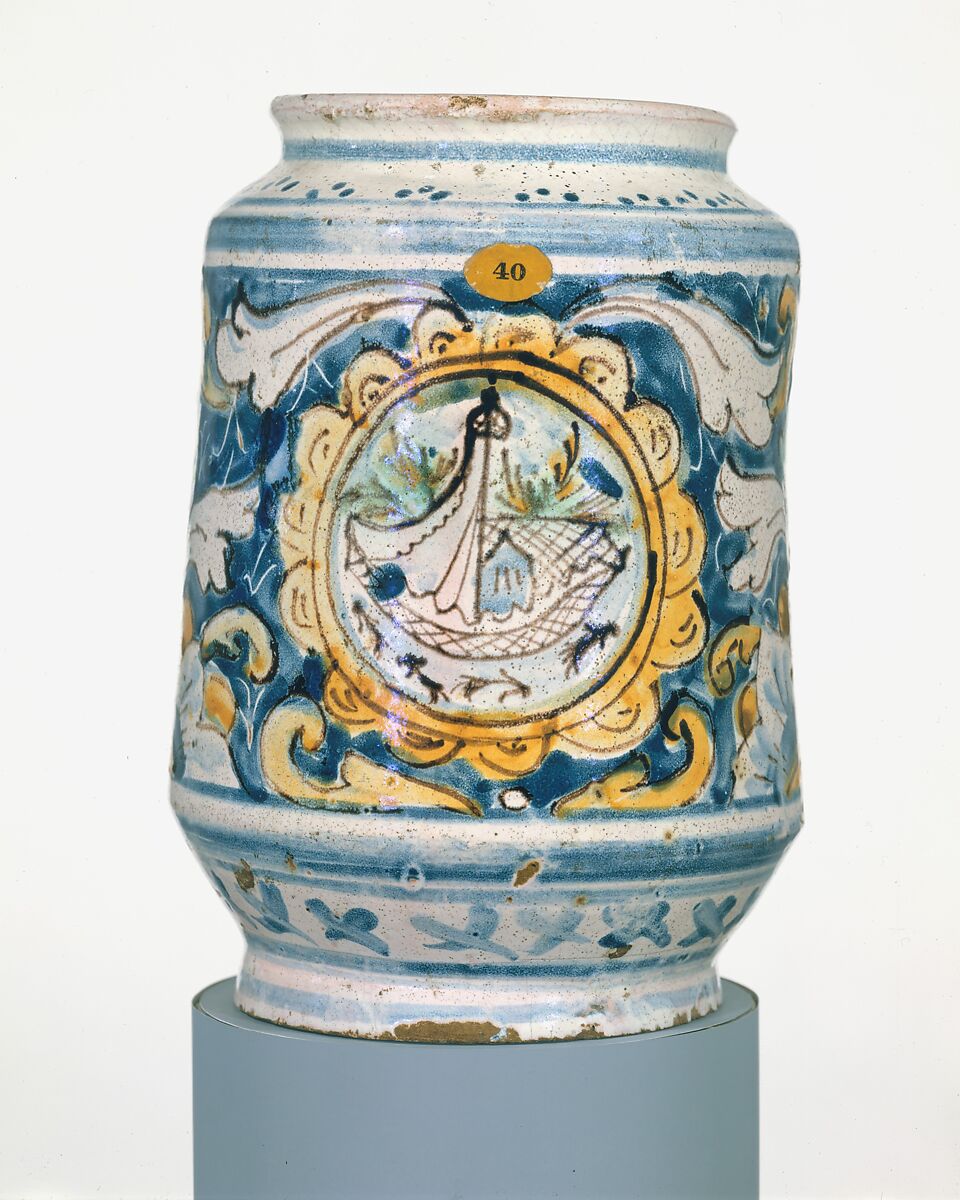 Apothecary jar (albarello), Maiolica (tin-glazed earthenware), Italian, perhaps Trapani 