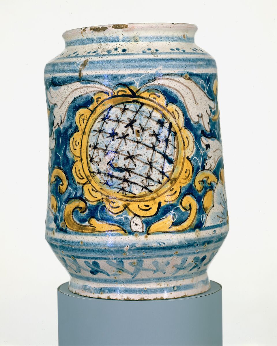 Apothecary jar (albarello), Maiolica (tin-glazed earthenware), Italian, perhaps Trapani
