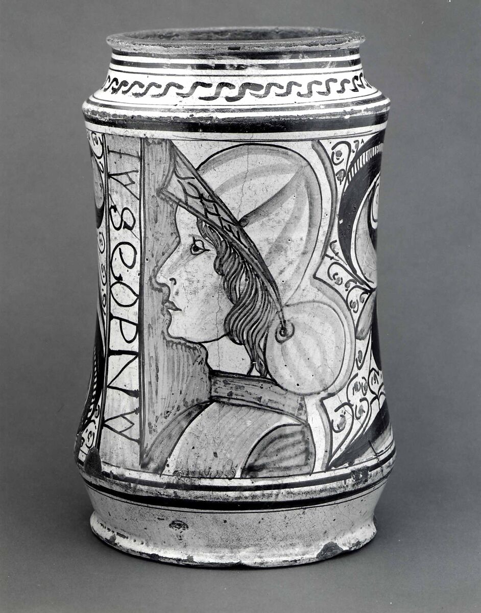 Maiolica: Apothecary jar (albarello), Maiolica (tin-glazed earthenware), Italian (probably Naples) 