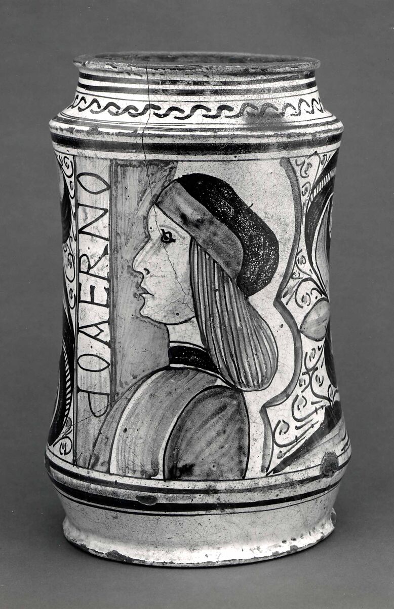 Maiolica: Apothecary jar (albarello), Maiolica (tin-glazed earthenware), Italian (probably Naples)