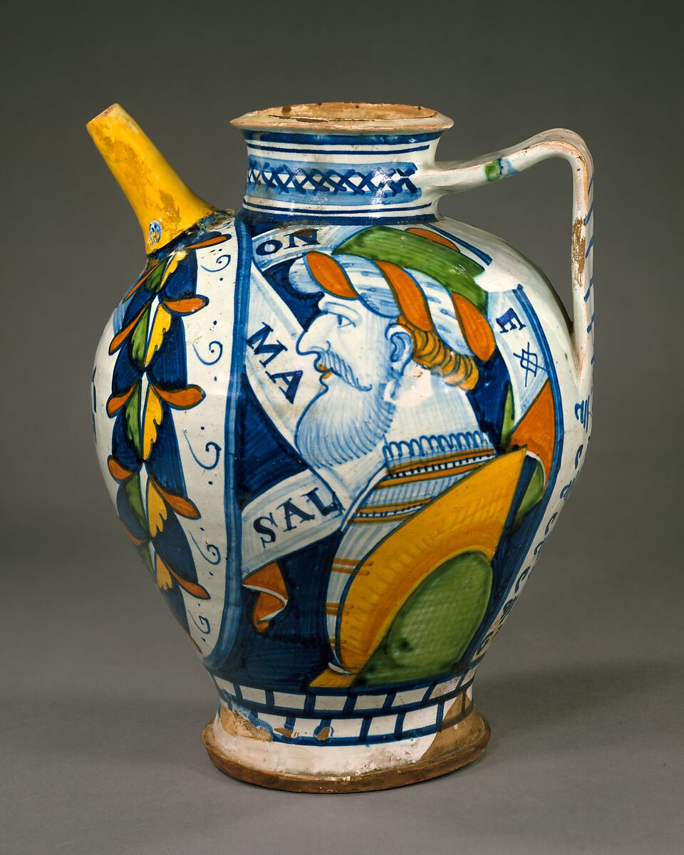 Maiolica: Apothecary jug (brocca), Maiolica (tin-glazed earthenware), Italian (supposedly Faenza or Florence)