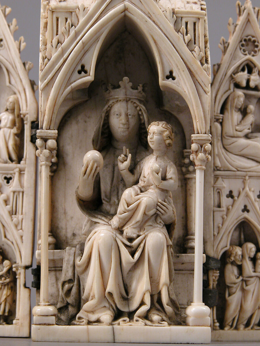 Tabernacle Polyptych with the Madonna and Child and Scenes from the Life of Christ, Ivory with traces of original gilding and polychromy; silver hinges., Northern France (?)
