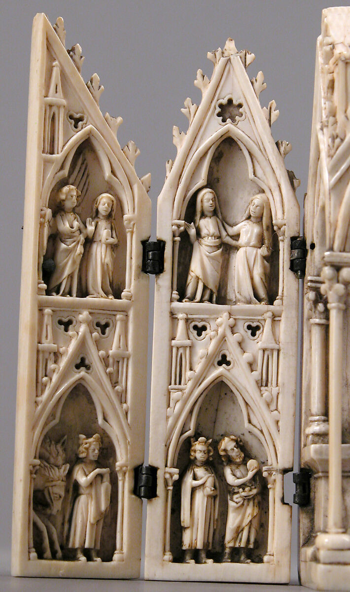 Tabernacle Polyptych with the Madonna and Child and Scenes from the Life of Christ, Ivory with traces of original gilding and polychromy; silver hinges., Northern France (?)