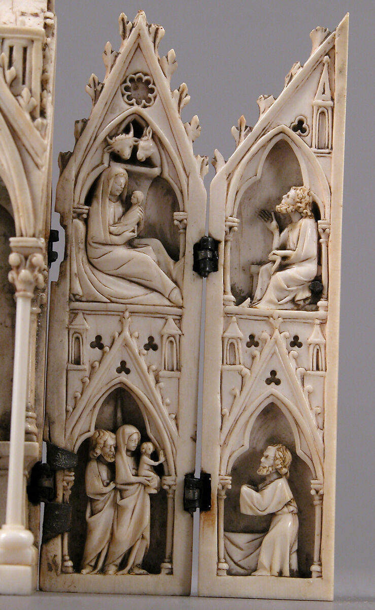 Tabernacle Polyptych with the Madonna and Child and Scenes from the Life of Christ, Ivory with traces of original gilding and polychromy; silver hinges., Northern France (?)