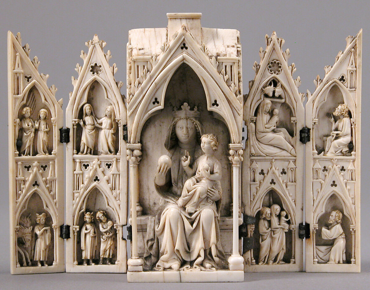 Tabernacle Polyptych with the Madonna and Child and Scenes from the Life of Christ, Ivory with traces of original gilding and polychromy; silver hinges., Northern France (?)