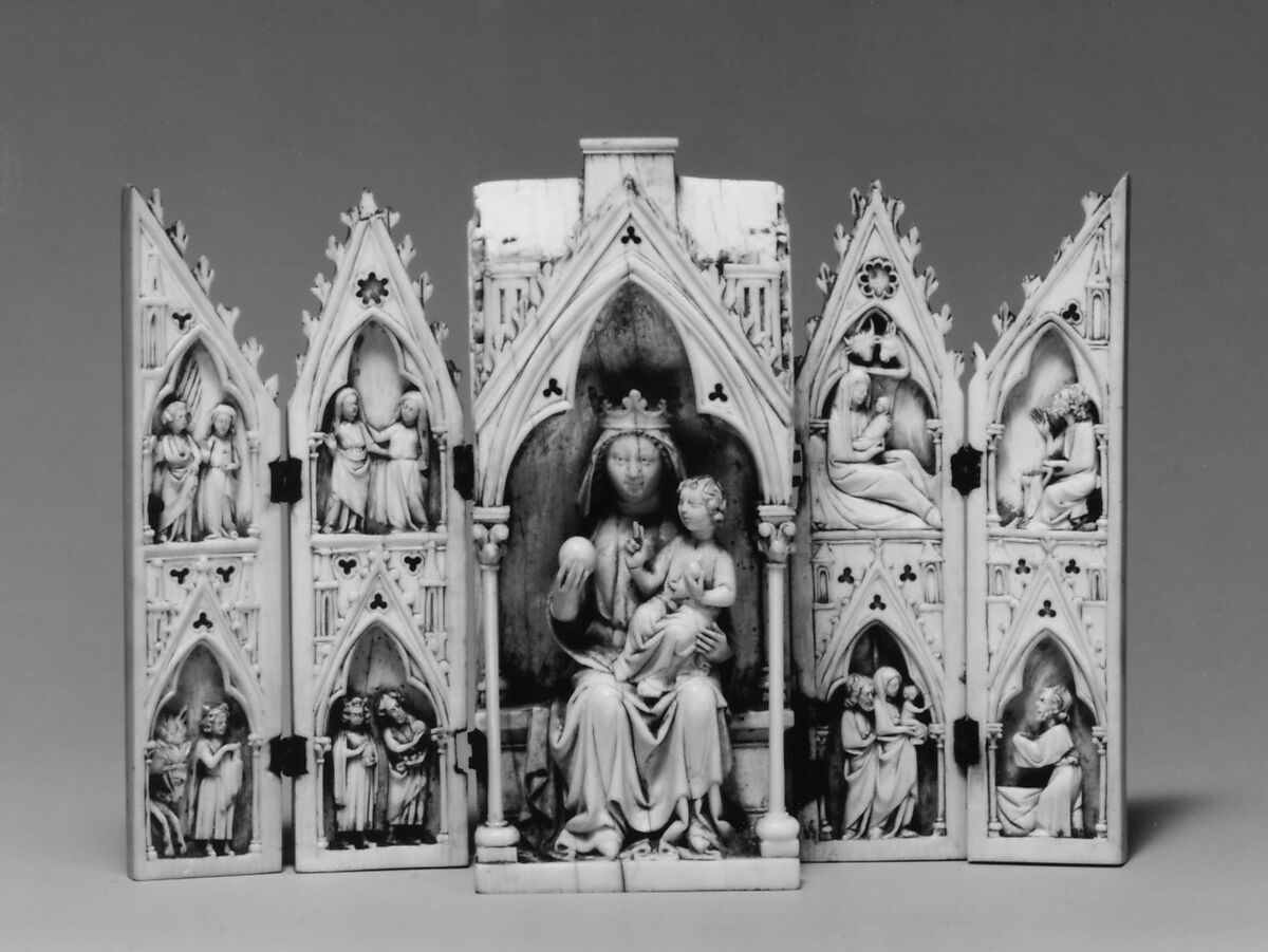 Tabernacle Polyptych with the Madonna and Child and Scenes from the Life of Christ, Ivory with traces of original gilding and polychromy; silver hinges., Northern France (?)