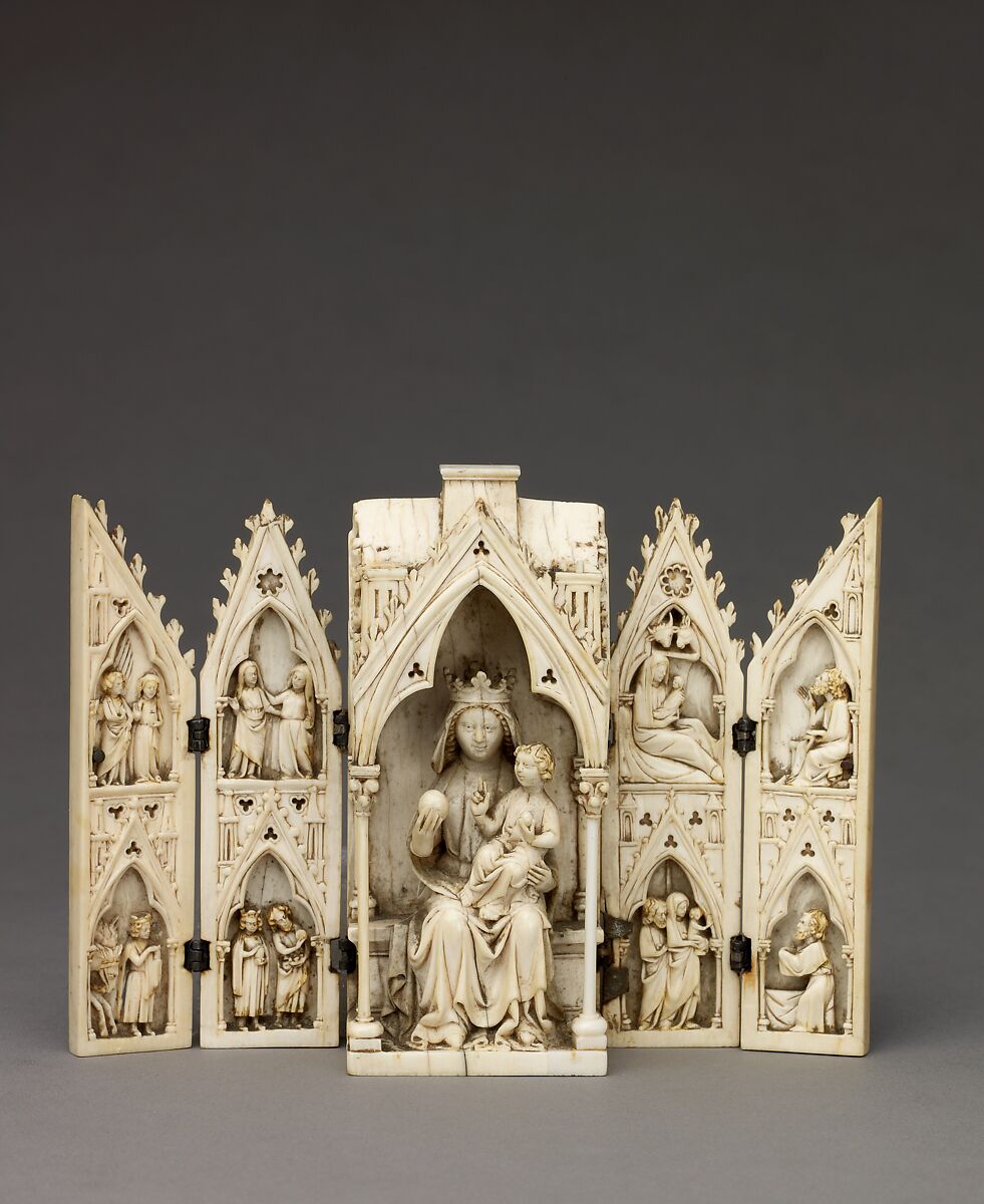 Tabernacle Polyptych with the Madonna and Child and Scenes from the Life of Christ, Ivory with traces of original gilding and polychromy; silver hinges., Northern France (?)