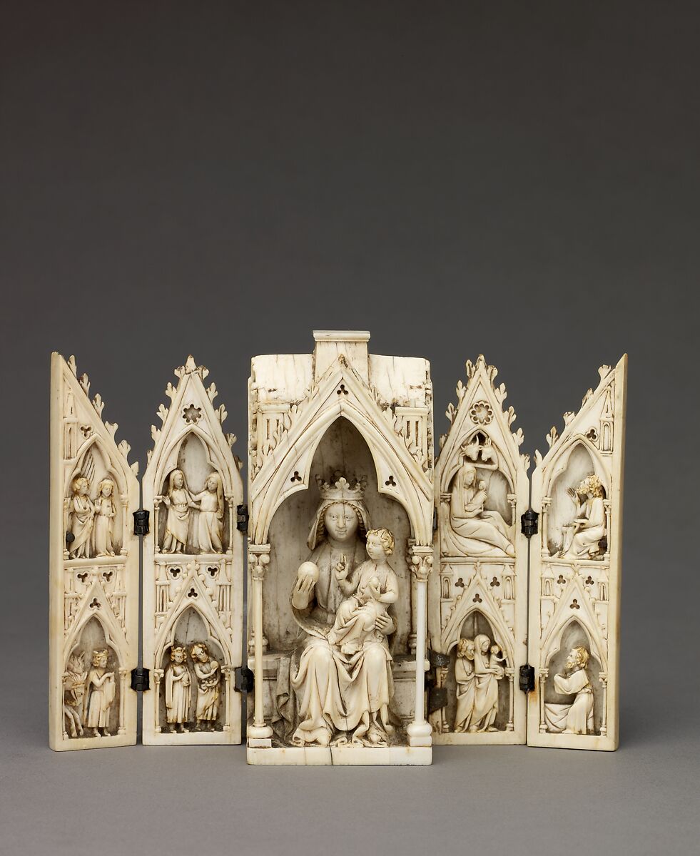Tabernacle Polyptych with the Madonna and Child and Scenes from the Life of Christ, Ivory with traces of original gilding and polychromy; silver hinges., Northern France (?) 