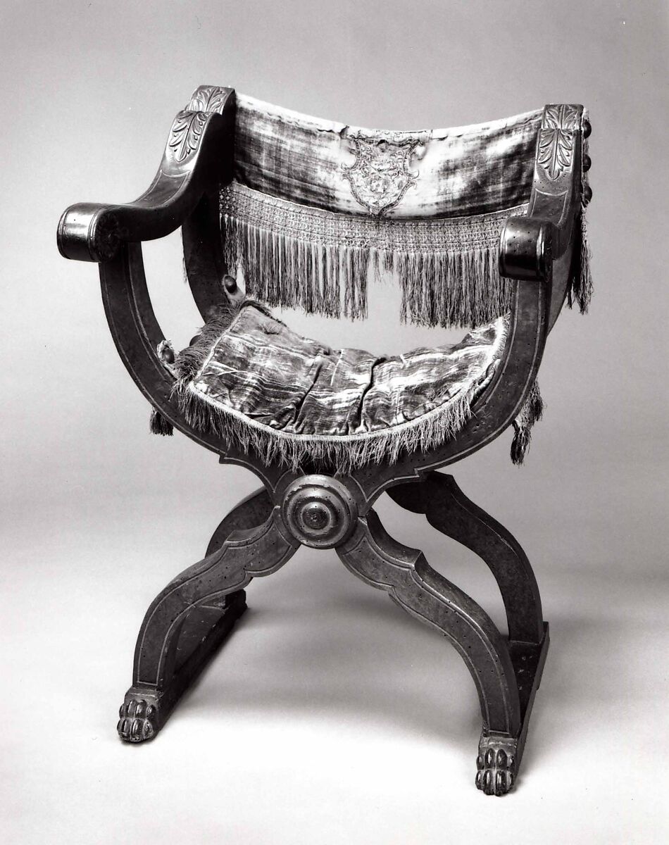 Hip-joint armchair (Dantesca type, associated with 1975.1.1971 a,b), Walnut, carved; embroidery, silk velvet, metal., Italian