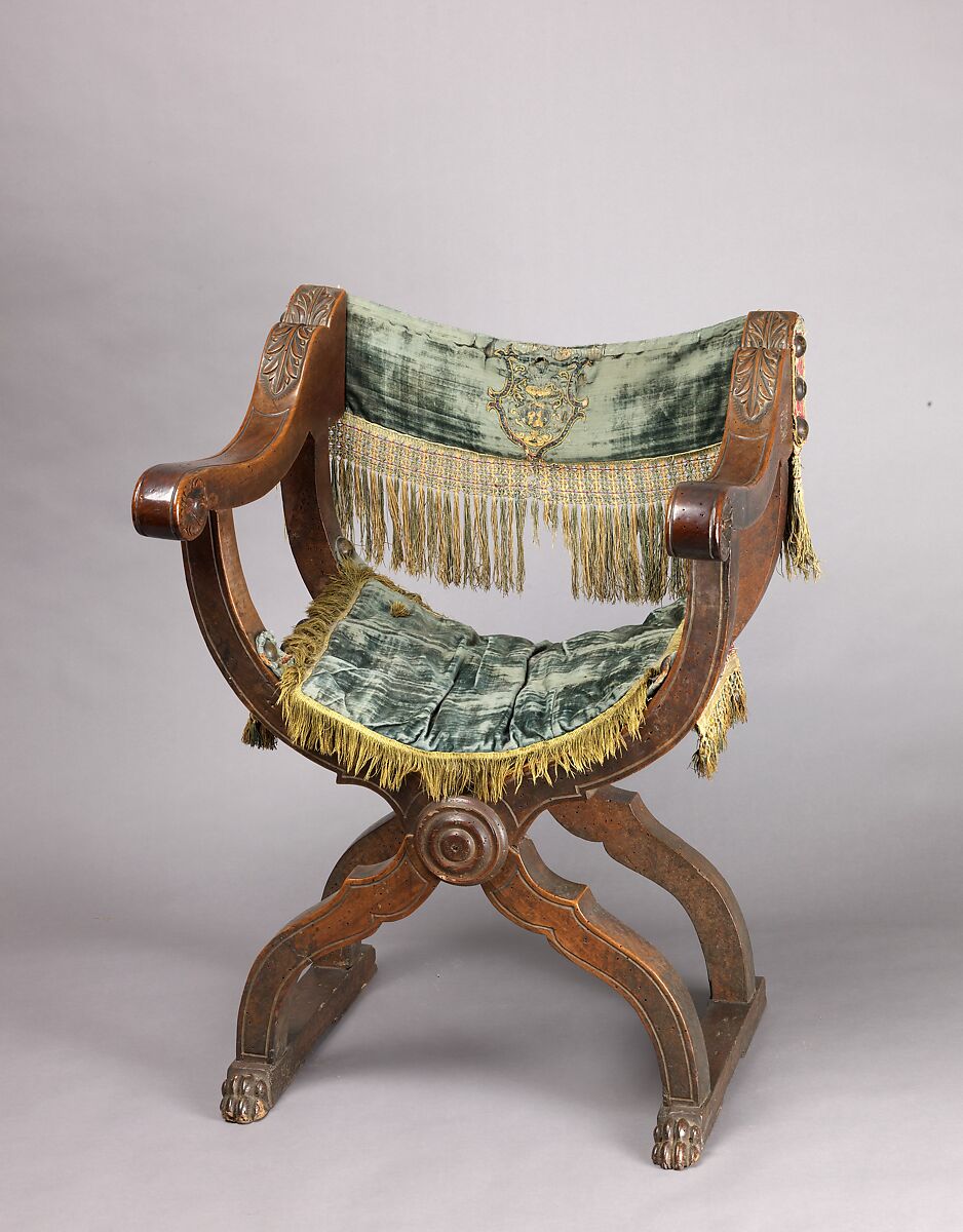 Hip-joint armchair (Dantesca type, associated with 1975.1.1971 a,b), Walnut, carved; embroidery, silk velvet, metal., Italian 