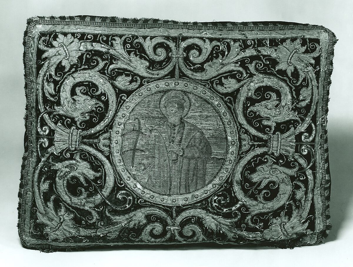 Apparel Made into a cushion, Silk; metal; paper; linen, Italian or Spanish 