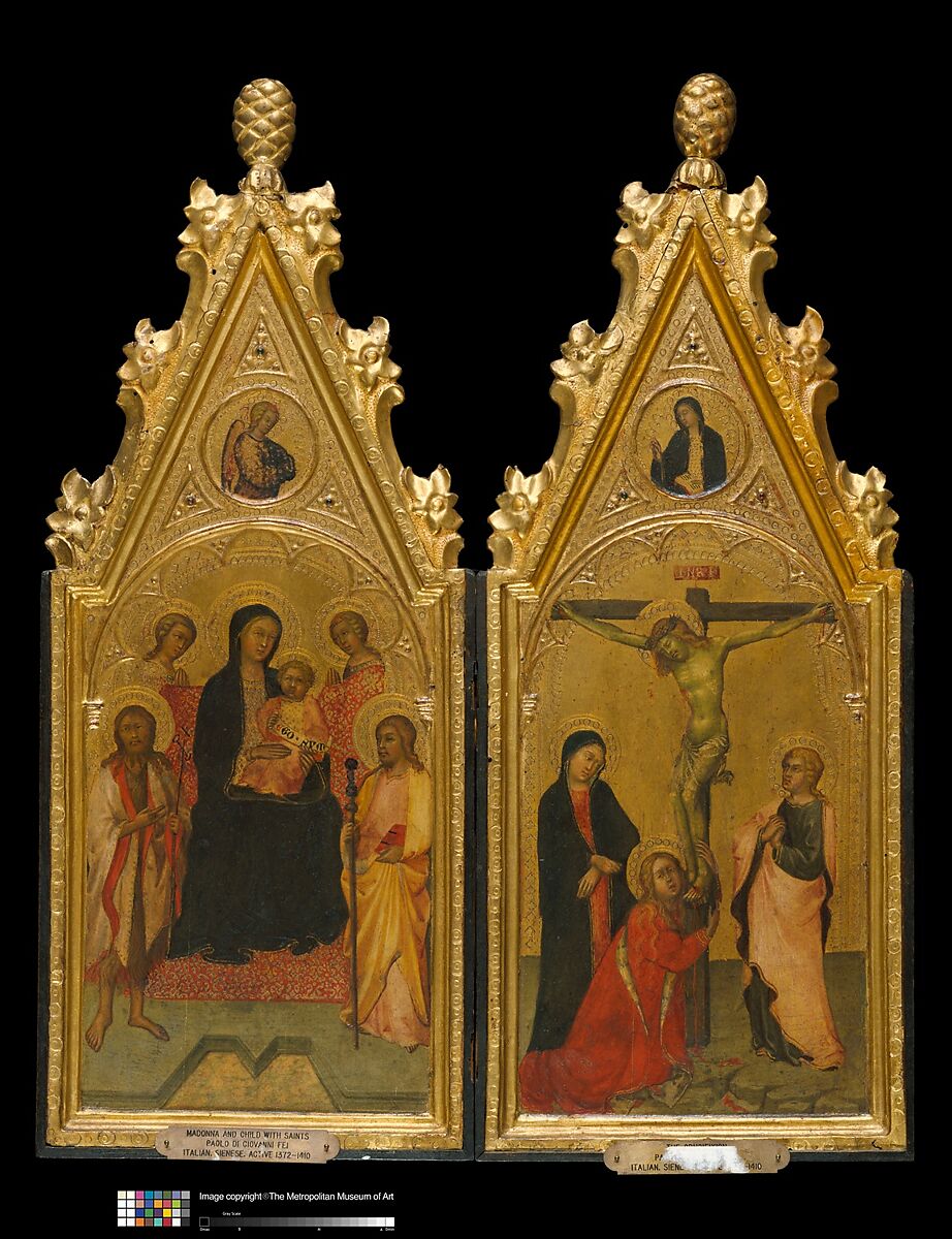 Diptych with tabernacle frames, Poplar. Carved, gilt; red-orange bole., Sienese