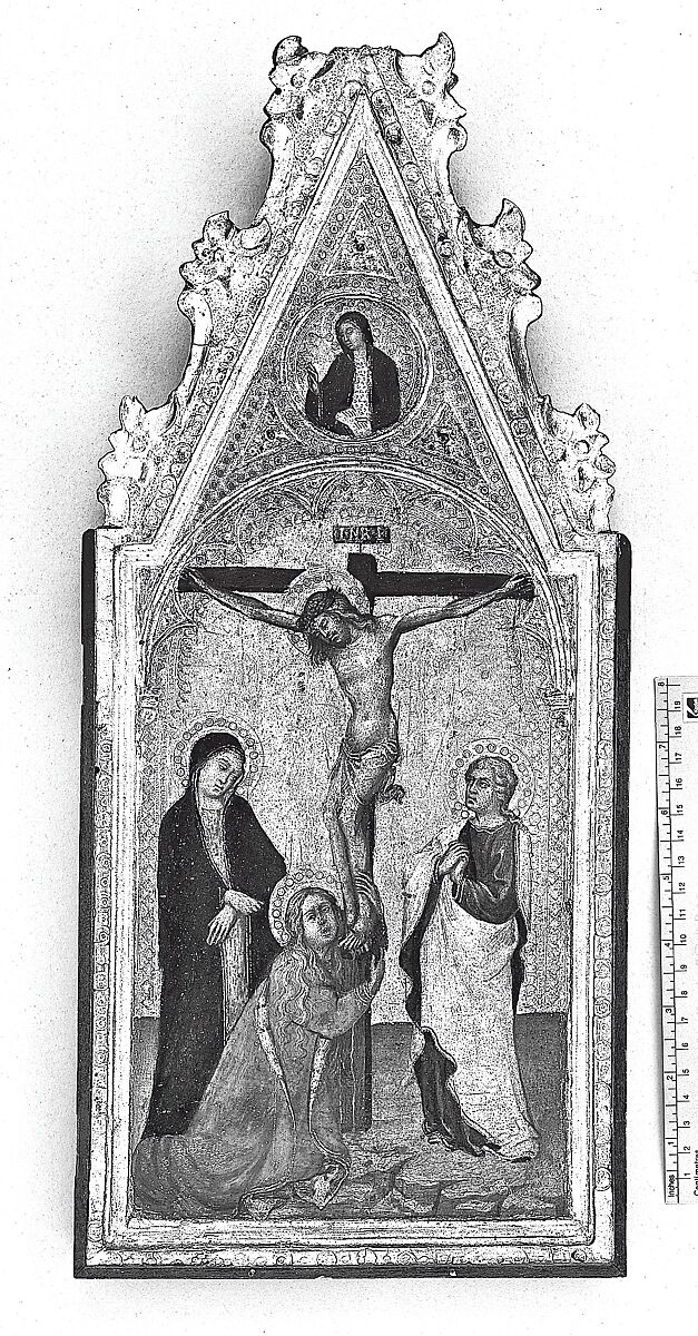 Diptych with tabernacle frames, Poplar. Carved, gilt; red-orange bole., Sienese