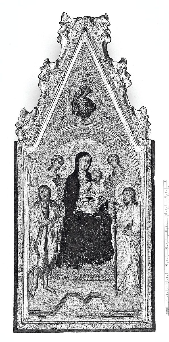 Diptych with tabernacle frames, Poplar. Carved, gilt; red-orange bole., Sienese