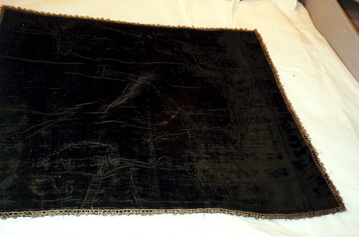 Square of black silk cut velvet with applied metal thread edging, silk; metal; cotton, Italian or Spanish 