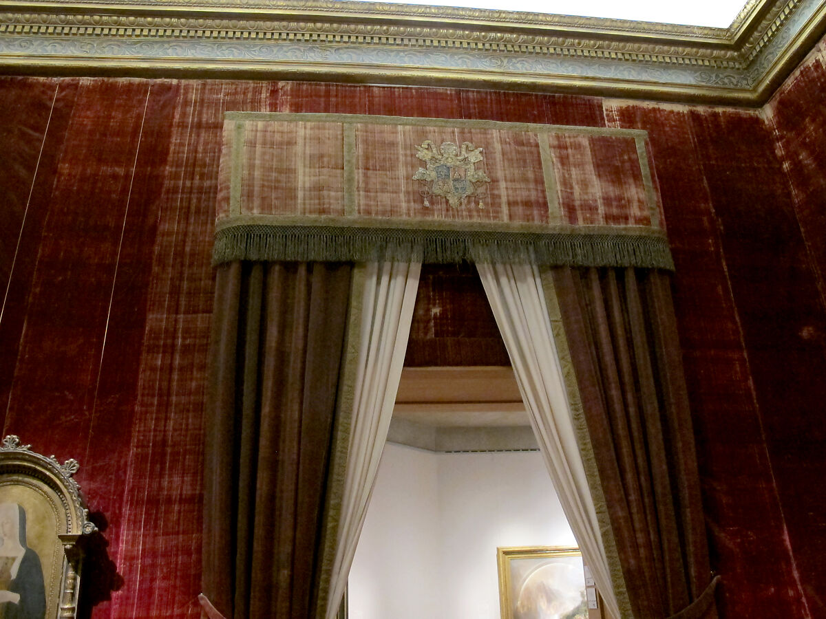 Valance with Chigi coat of arms, Red silk cut velvet appliqued with linen and silk rep weave outlined with couched gilt and cotton cording ending in tassels., Italian