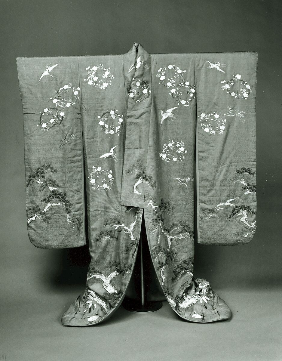 Furisode, Possibly beni-dyed light red (orange) silk, figured satin weave, embroidered and couched in silvered and gilt metallic thread (wound around a white silk fiber core).  Needlework in satin stitch in shades of green, dark blue, off-white, and light brown; areas of padding; yuzen dyeing, and stenciled imitation tie-dyeing throughout., Japanese