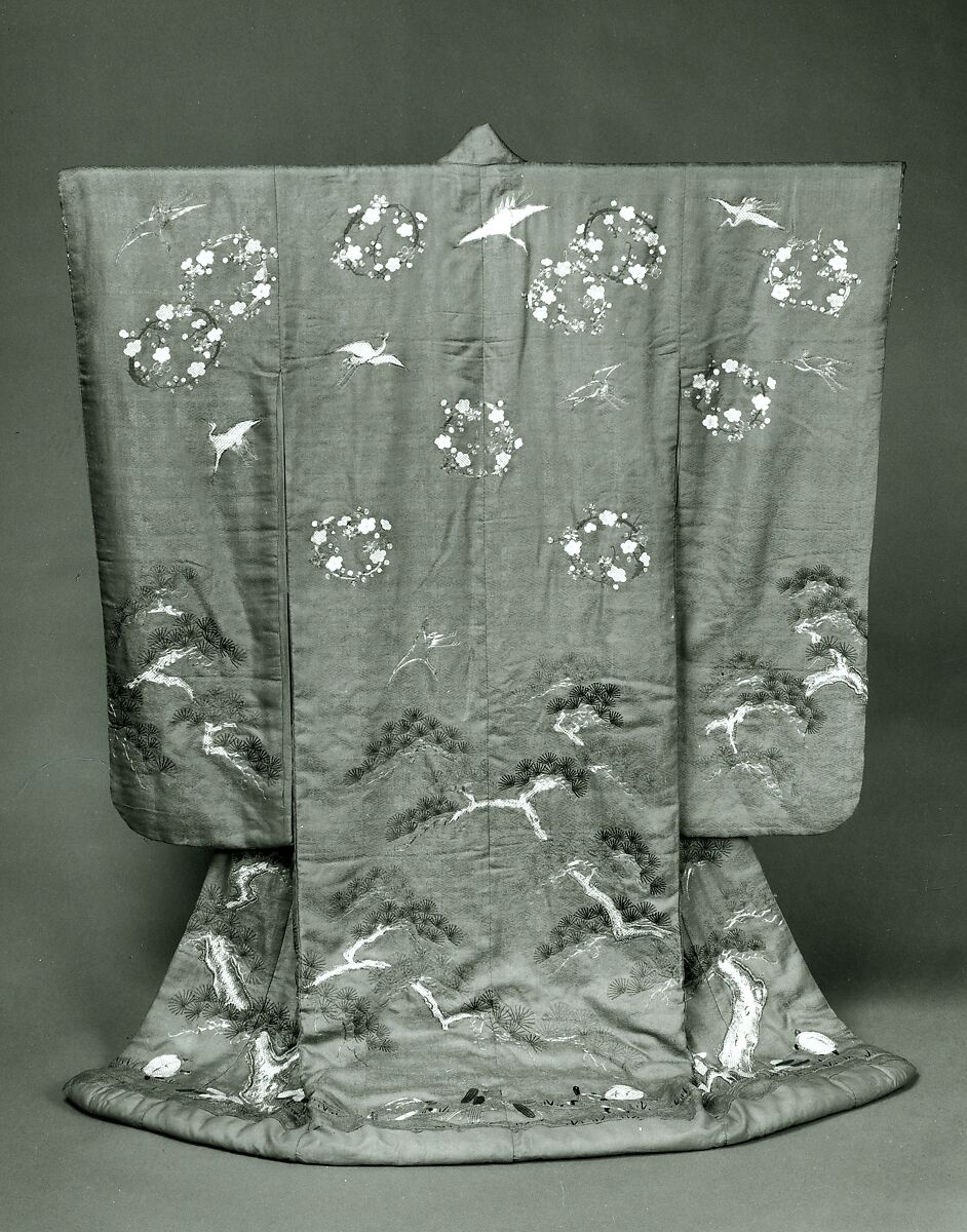 Furisode, Possibly beni-dyed light red (orange) silk, figured satin weave, embroidered and couched in silvered and gilt metallic thread (wound around a white silk fiber core).  Needlework in satin stitch in shades of green, dark blue, off-white, and light brown; areas of padding; yuzen dyeing, and stenciled imitation tie-dyeing throughout., Japanese