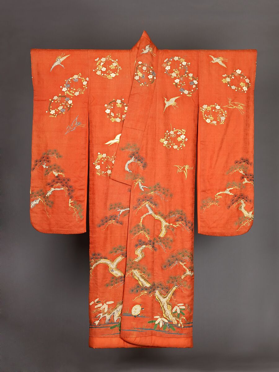 Furisode, Possibly beni-dyed light red (orange) silk, figured satin weave, embroidered and couched in silvered and gilt metallic thread (wound around a white silk fiber core).  Needlework in satin stitch in shades of green, dark blue, off-white, and light brown; areas of padding; yuzen dyeing, and stenciled imitation tie-dyeing throughout., Japanese 