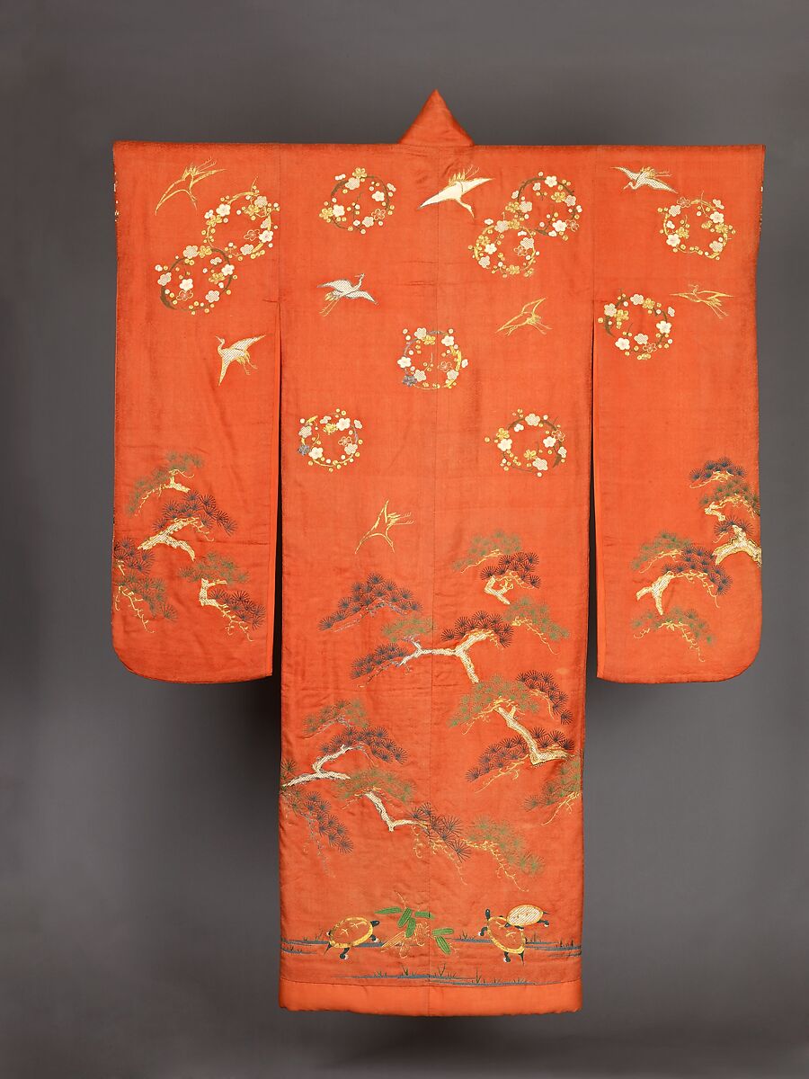 Furisode, Possibly beni-dyed light red (orange) silk, figured satin weave, embroidered and couched in silvered and gilt metallic thread (wound around a white silk fiber core).  Needlework in satin stitch in shades of green, dark blue, off-white, and light brown; areas of padding; yuzen dyeing, and stenciled imitation tie-dyeing throughout., Japanese