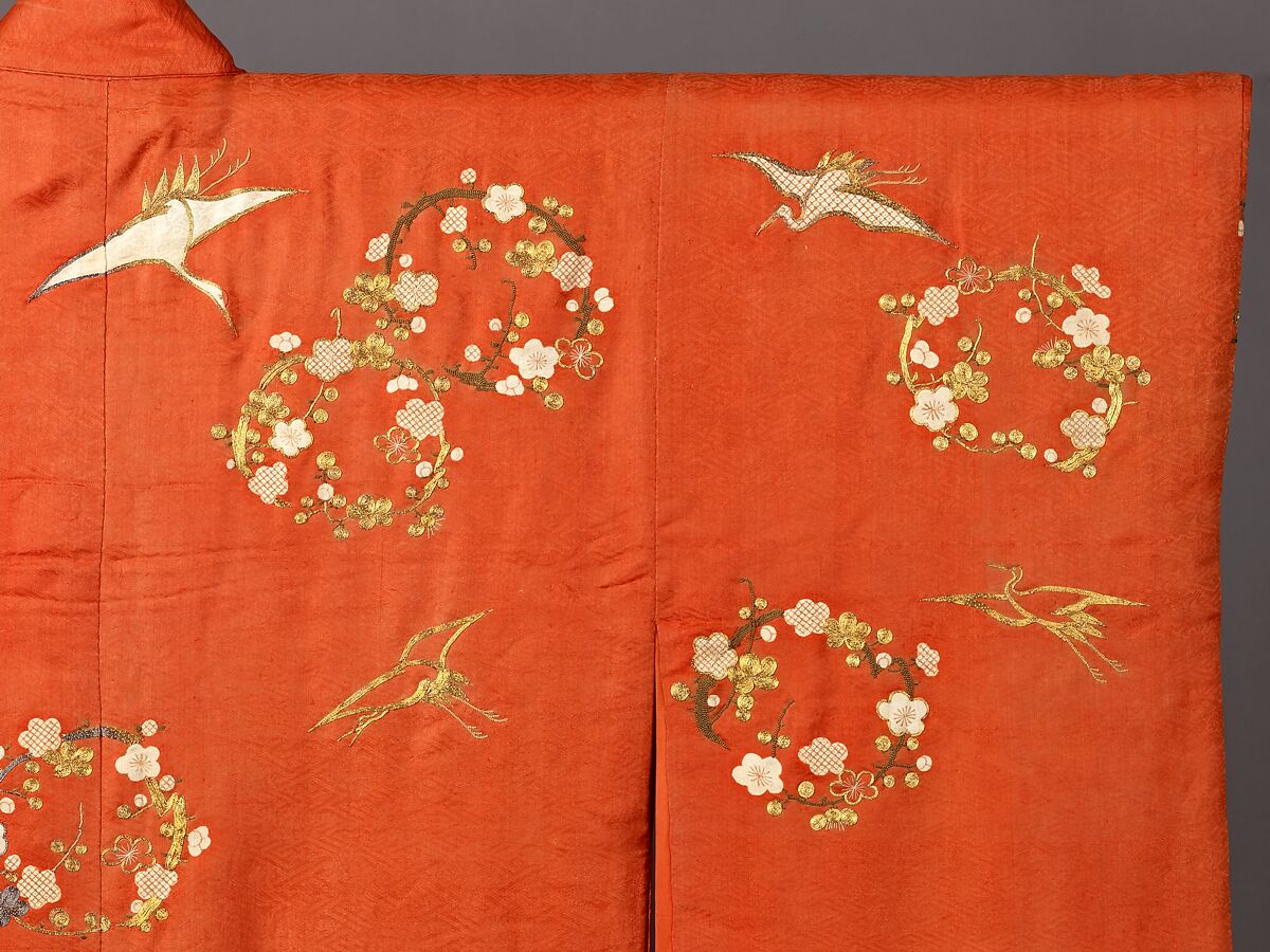 Furisode, Possibly beni-dyed light red (orange) silk, figured satin weave, embroidered and couched in silvered and gilt metallic thread (wound around a white silk fiber core).  Needlework in satin stitch in shades of green, dark blue, off-white, and light brown; areas of padding; yuzen dyeing, and stenciled imitation tie-dyeing throughout., Japanese