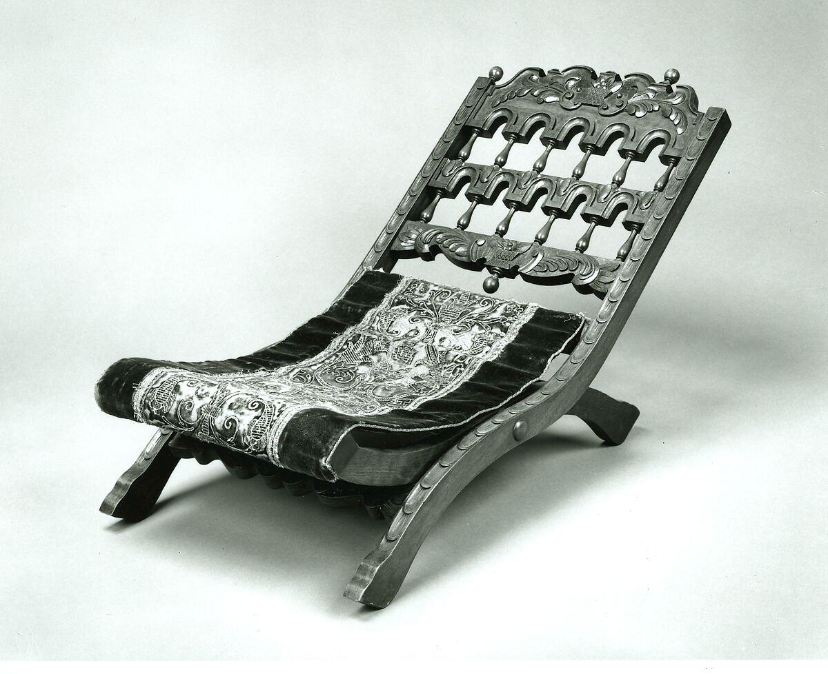 Collapsible Chair, Walnut, red silk cut velvet with gilt-metal embroidery., American, United States (New York?); and Italian or Spanish 