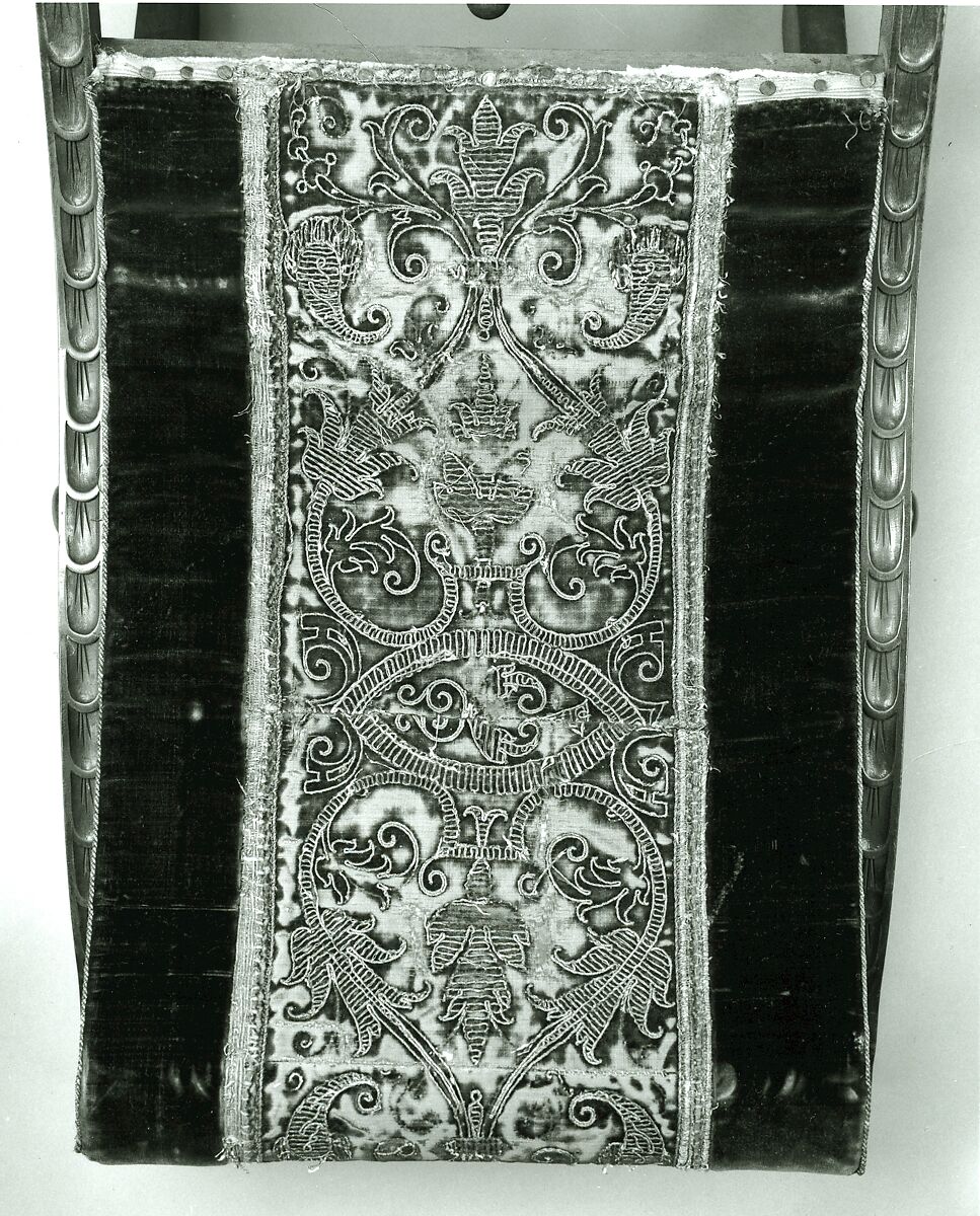 Collapsible Chair, Walnut, red silk cut velvet with gilt-metal embroidery., American, United States (New York?); and Italian or Spanish