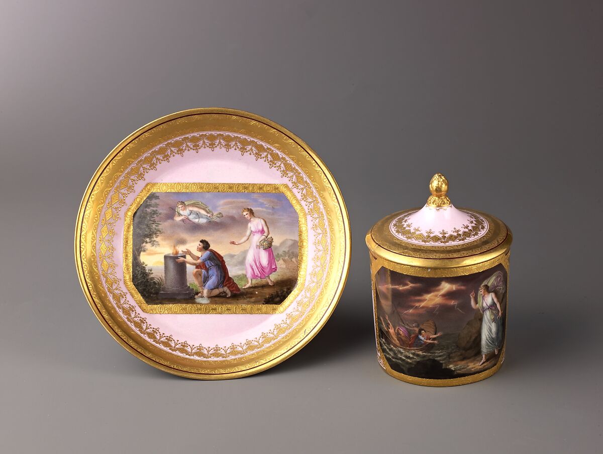 Covered cup and saucer, Anton Kothgasser (Austrian, 1769–1851), Hard-paste porcelain 