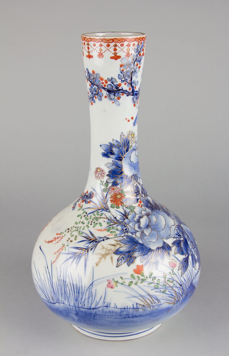 Pair of Vases, White porcelain with decoration in blue under the glaze, enamel, iron red and gold, Japan