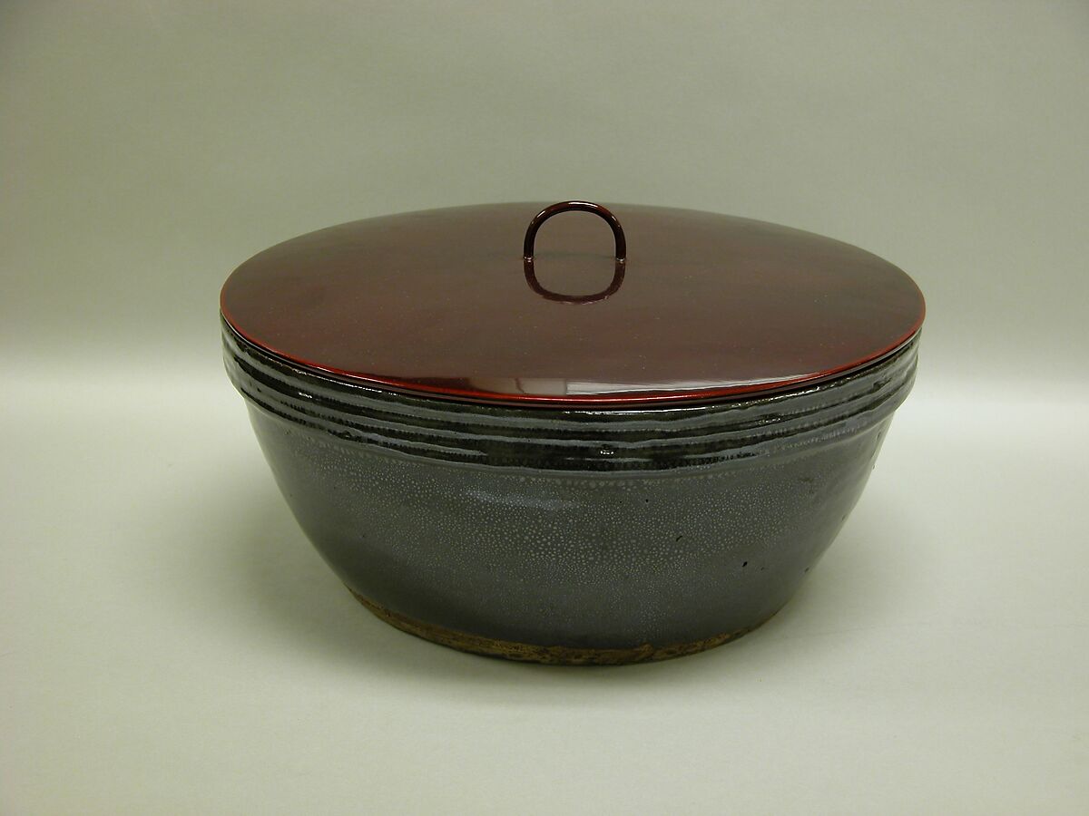 Water container, Stoneware with oil-spot glaze (Huairen ware), Japanese lacquer cover, China 