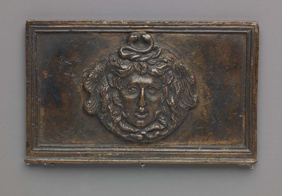 Medusa mask, model attributed to Severo Calzetta da Ravenna (Italian, active by 1496, died before 1543), Copper alloy with warm brown patina and areas of a worn black patina on top. 