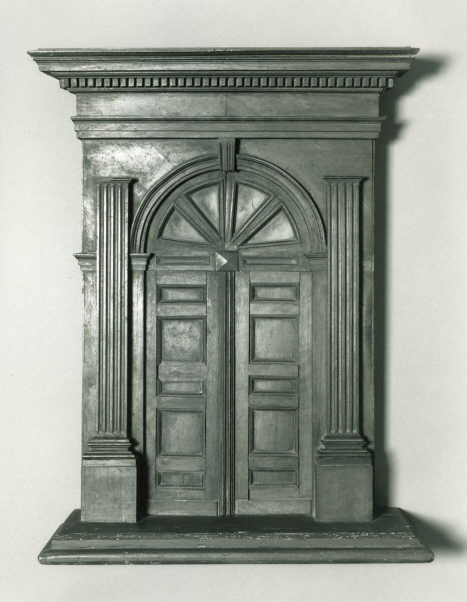 Miniature door, Walnut, softwood, glass, and iron., Italian