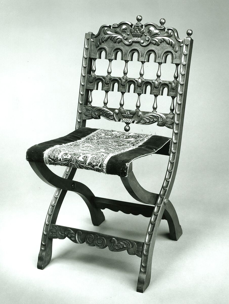 Collapsible chair, Walnut, red silk cut velvet with gilt-metal embroidery., American, United States (New York?); and Italian or Spanish 