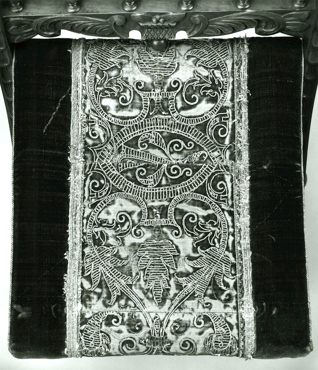 Collapsible chair, Walnut, red silk cut velvet with gilt-metal embroidery., American, United States (New York?); and Italian or Spanish