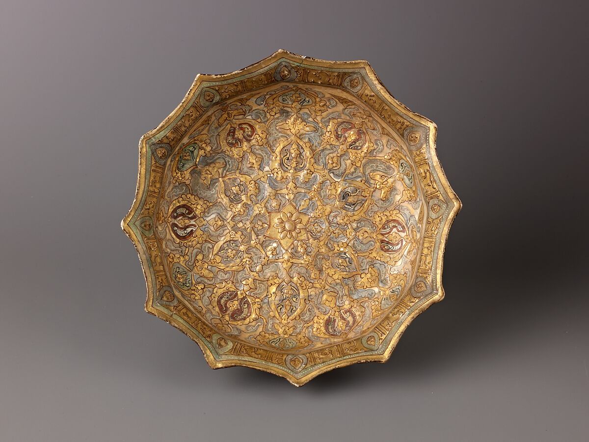 Faceted Basin, Mina'i ("enameled") ware, Mina'i ware.  Fritware, stain-and overglaze-painted, and gilded., Iranian 