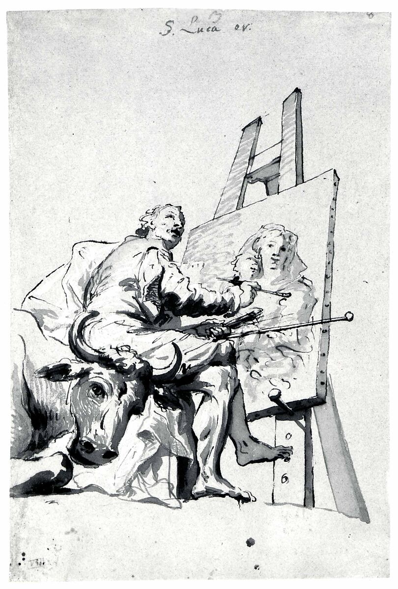Saint Luke Painting the Virgin, Georg Anton Urlaub (German, Thüngersheim 1713–1759 Würzburg), Pen and brush in brown ink heightened with white on gray-blue paper.