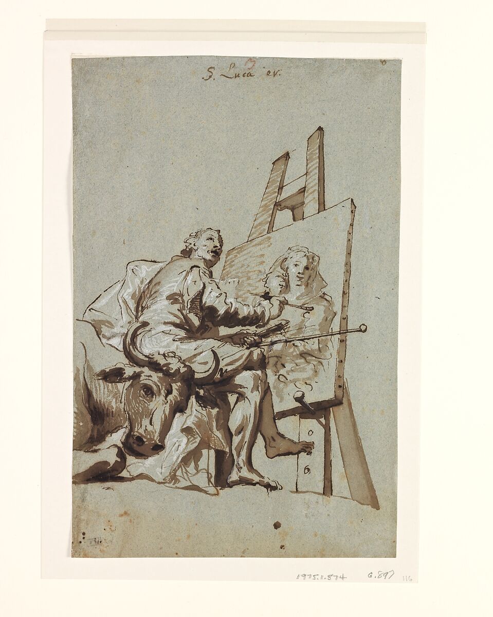 Saint Luke Painting the Virgin, Georg Anton Urlaub (German, Thüngersheim 1713–1759 Würzburg), Pen and brush in brown ink heightened with white on gray-blue paper. 