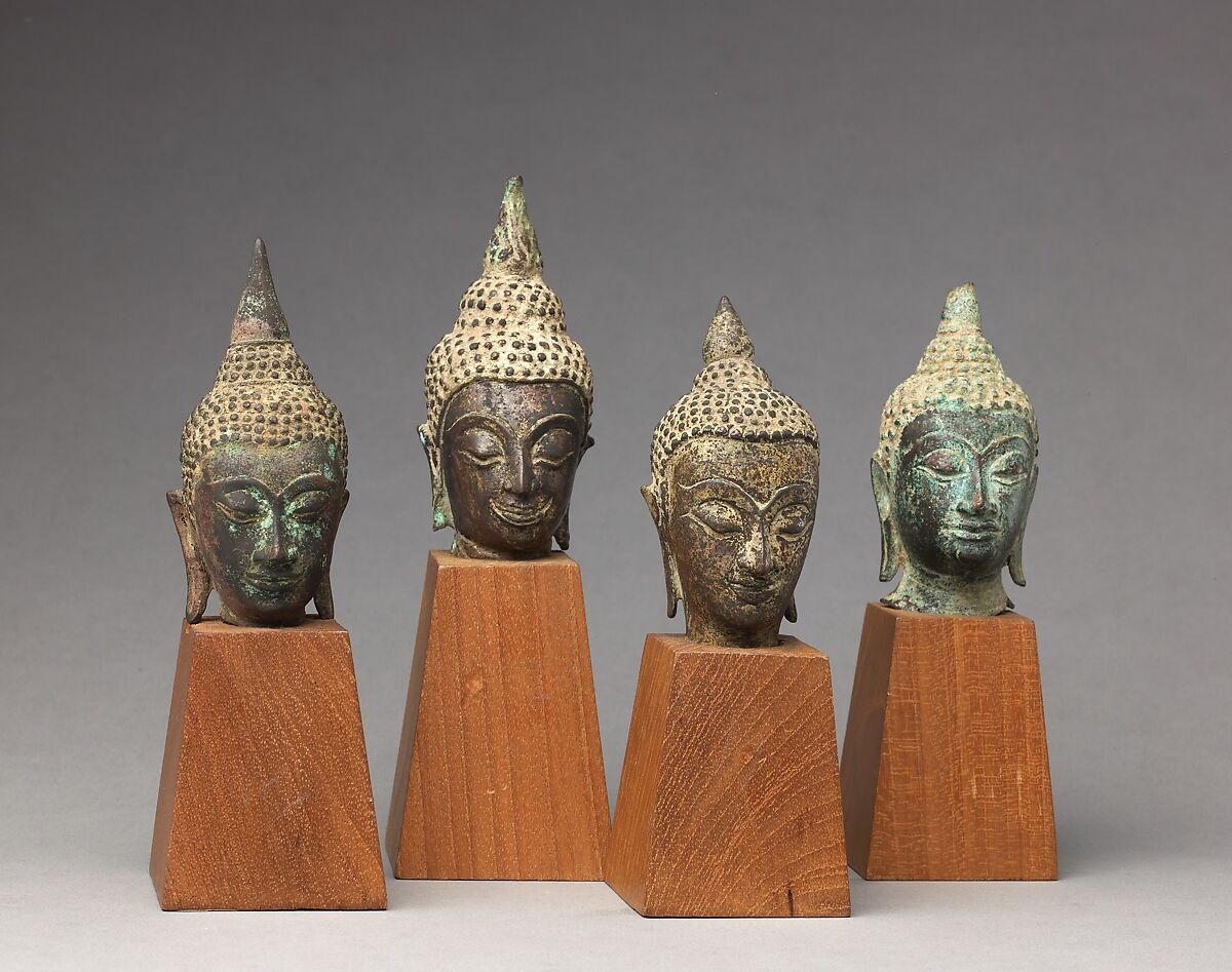 Head of the Buddha, Thai  , Ayutthaya period or, Copper alloy, some with traces of leaf gilding., Thai