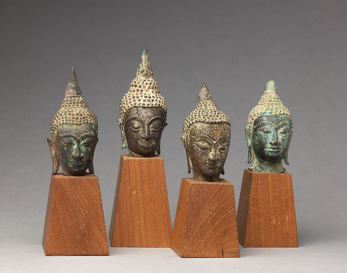 Head of the Buddha, Thai  , Ayutthaya period or, Copper alloy, some with traces of leaf gilding., Thai