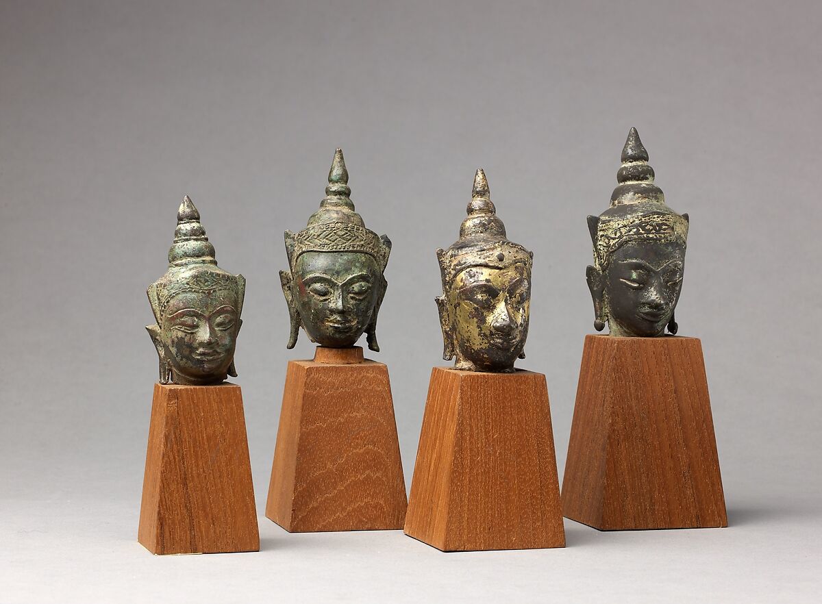 Head of the Buddha, Thai  , Ayutthaya period or, Copper alloy, some with traces of leaf gilding., Thai