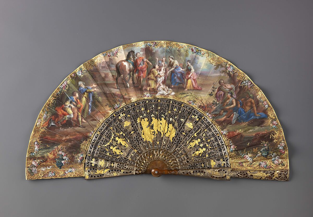 Folding fan with The Finding of Romulus and Remus, Leaf: gouache and bronze paint on paper.
Sticks and guards: tortoiseshell, carved and pierced, with gold-and silver-toned metal leaf, mother-of-pearl veneer, and paper underlay (upper guards only).
Pivot: clear paste jewel., Italian