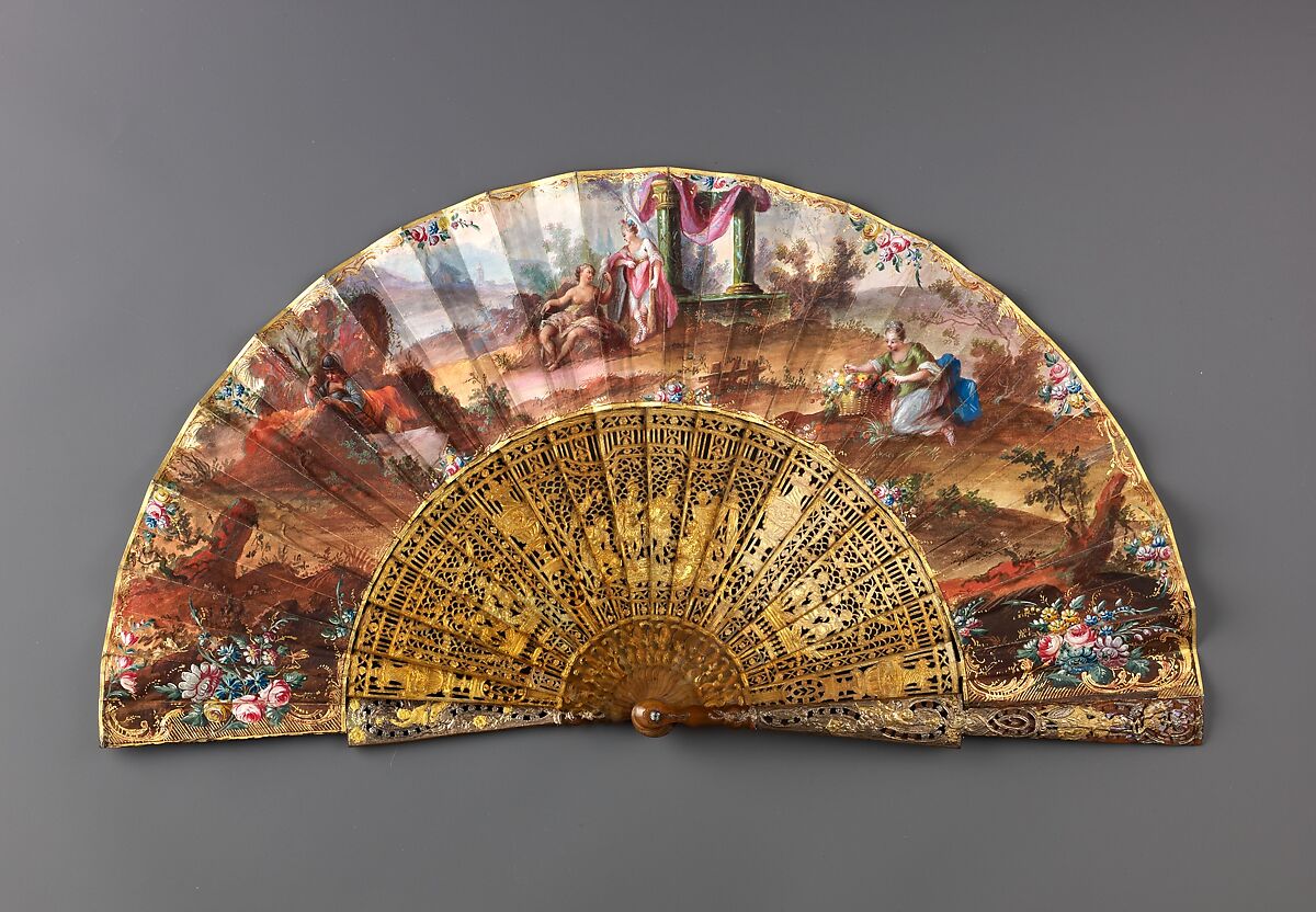 Folding fan with The Finding of Romulus and Remus, Leaf: gouache and bronze paint on paper.
Sticks and guards: tortoiseshell, carved and pierced, with gold-and silver-toned metal leaf, mother-of-pearl veneer, and paper underlay (upper guards only).
Pivot: clear paste jewel., Italian