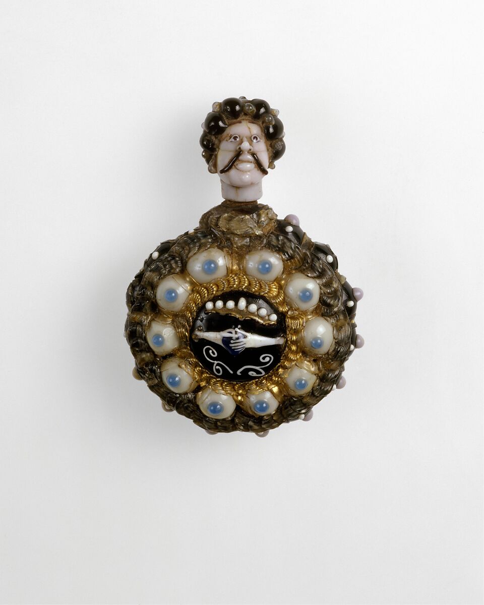 Scent bottle and stopper, possibly factory of Bernard Perrot (Italian, active in France, 1619–1709), Dark amethyst ("black"), opaque white, pink, dark and light blue, dark brown, yellow, and colorless glass; iron. Lampworked, trailed, gilt., Possibly France, Nevers or Orléans 